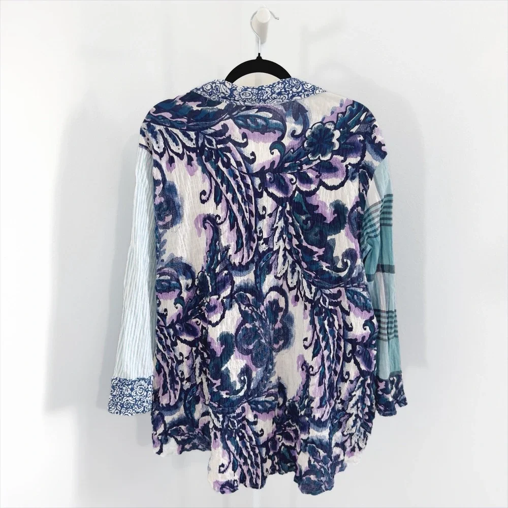 Habitat Top Womens XL Blue Floral Button Up Gauzy Crinkle Cotton Boho Coastal